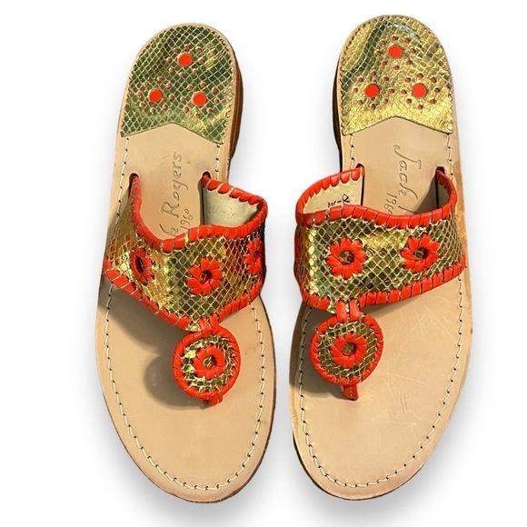 Jack Rogers Jacks Flat Sandals Leather Thong Style Metallic Gold Orange Size 8 - Picture 1 of 9